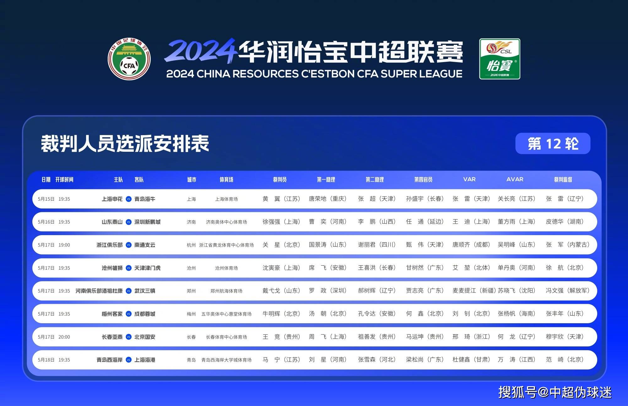 【168sports】中超第12轮裁判选派：马宁再度执哨上港，麦麦提江复出，刘威缺席