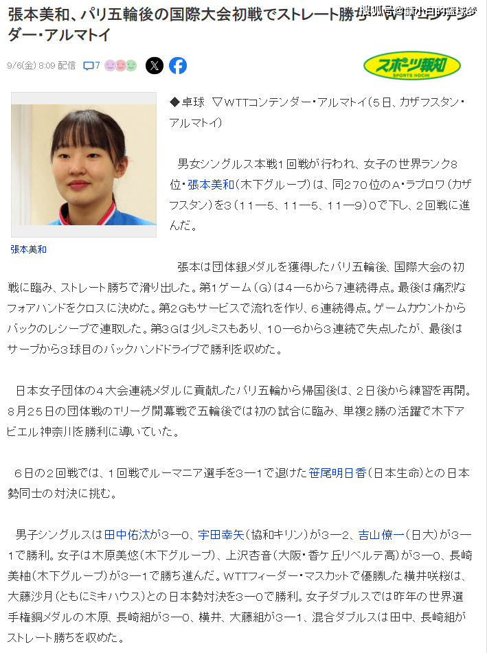 【168sports】16岁张本美和又赢了：3-0晋级将战队友 日媒盛赞日本乒乓球界希望